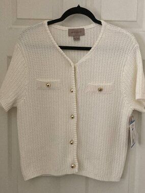 NWT Liz Claiborne Cream Textured Knit Cardigan Lady Jacket Gold Buttons [L]